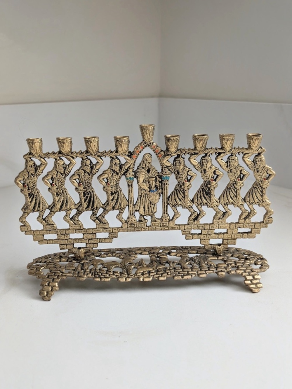 Decorative Brass Hanukkah Menorah with Dancing Figures - Gold